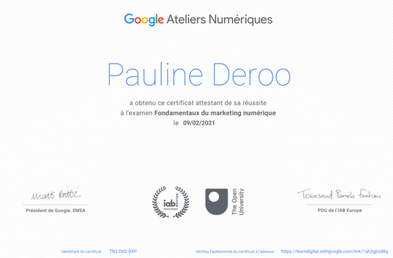 Certification Google "Les Fondamentaux du Marketing" 2020